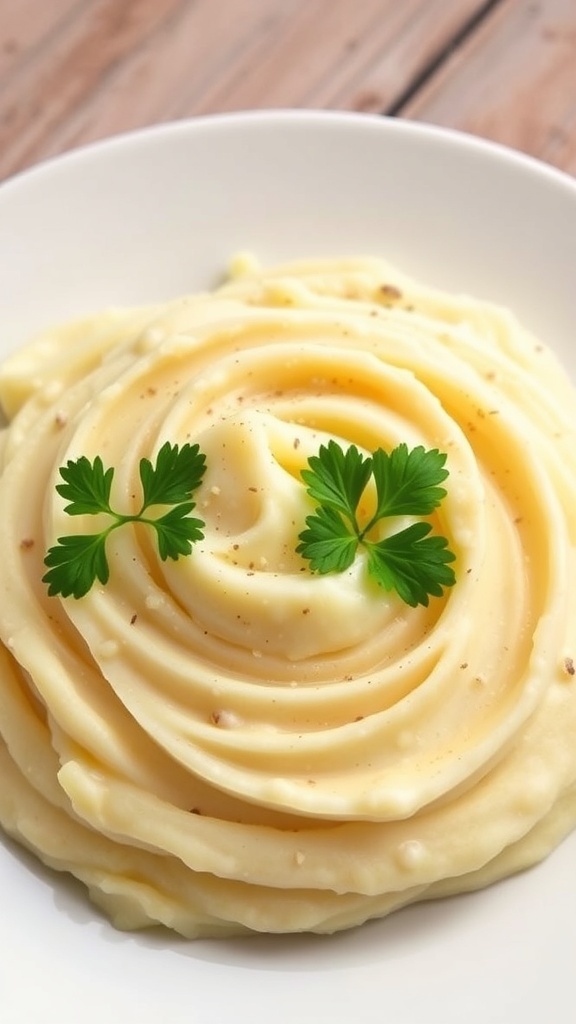 Creamy mashed potatoes in a white dish, garnished with parsley and white pepper, on a rustic wooden table.